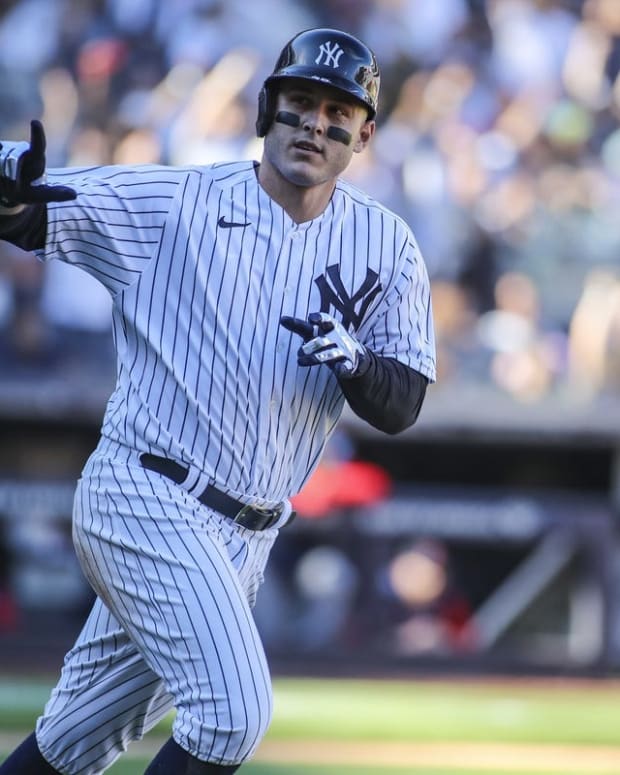 Sep 24, 2022; Bronx, New York, USA; New York Yankees first baseman Anthony Rizzo (48) gestures to the dugout after hitting a two run home run in the seventh inning against the Boston Red Sox at Yankee Stadium. Mandatory Credit: Wendell Cruz-USA TODAY Sports